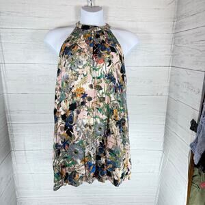 Entro Anthro Large halter pink floral mini dress cottage coquette romantic fall
